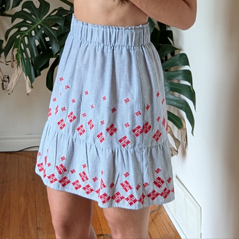 Chic Blue and Red Embroidered Mini Skirt